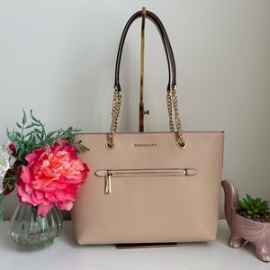 Michael Kors Jet Set Medium Leather Front Zip Chain Tote Buff Beige